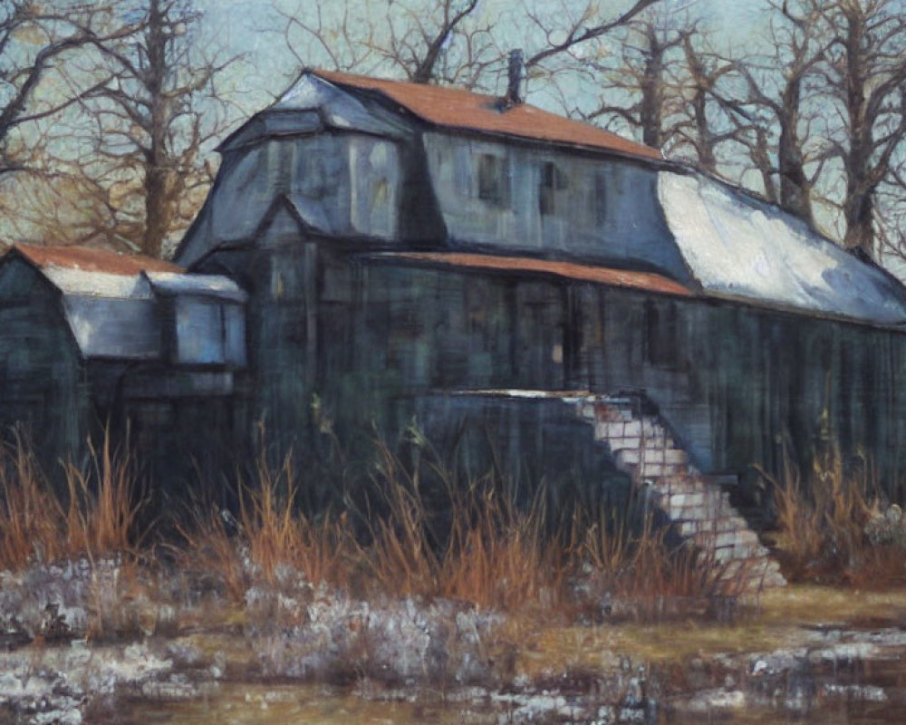 Abandoned green house with steep roof and stairs, set amidst bare trees and overgrown vegetation