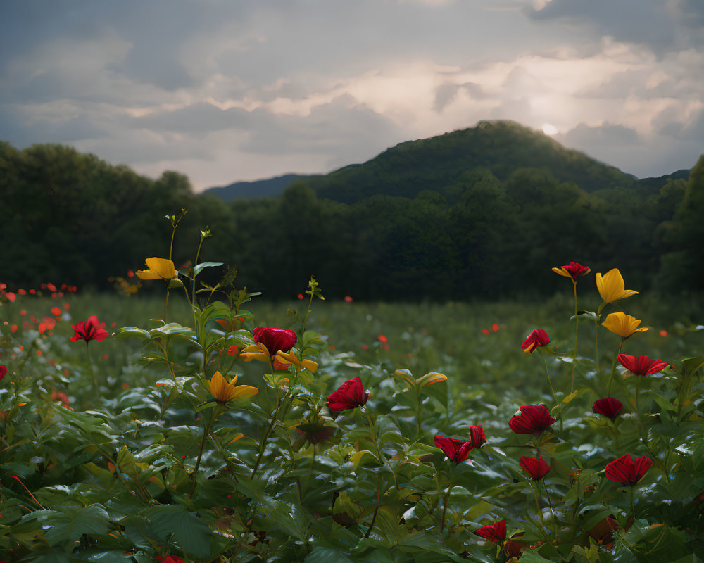 Vibrant red and yellow flower field under dramatic sky with sunbeams over forested mountain