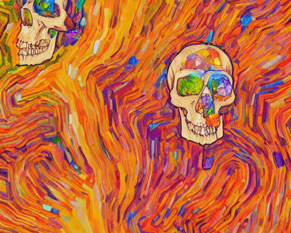 Colorful Skulls Painting Against Fiery Abstract Background