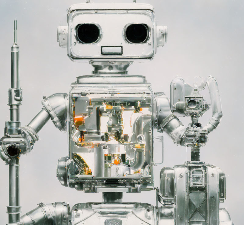 Transparent Robot with Intricate Internal Mechanisms and Square Head on White Background