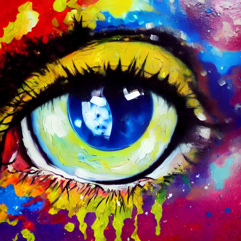 Colorful close-up eye painting with blue iris and splashes of multicolored paint