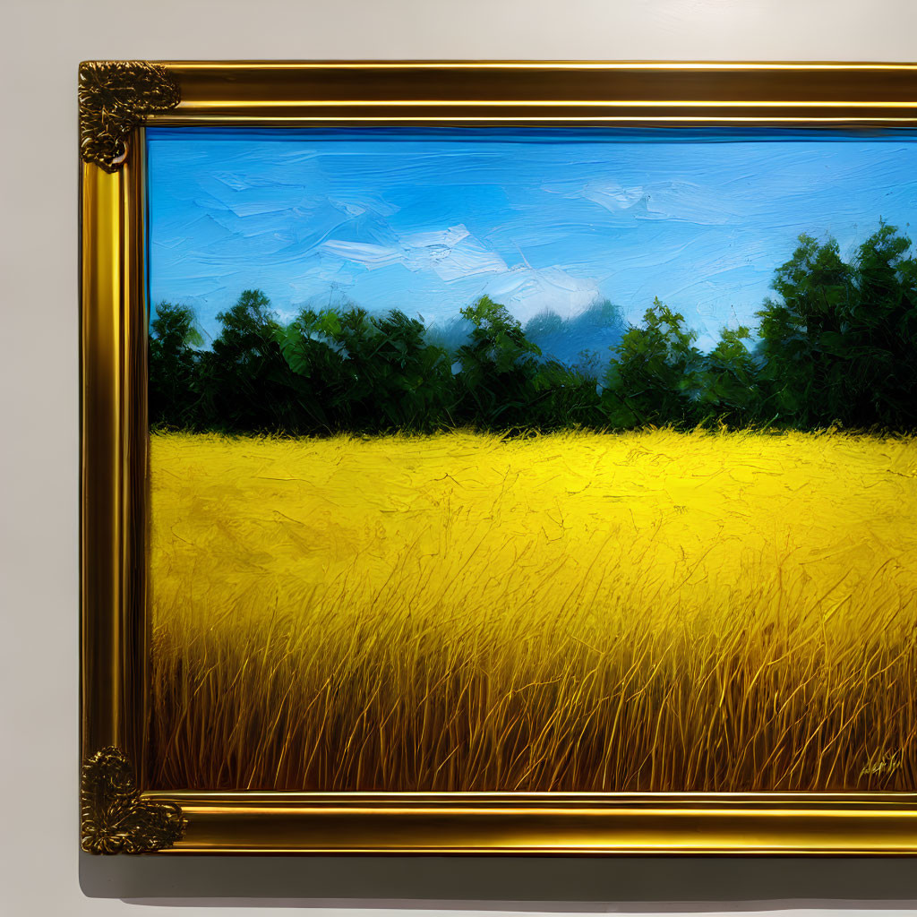 Vividly Painted Landscape: Yellow Field, Blue Sky, Gold Frame