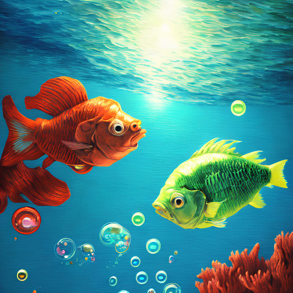 Colorful Fish Swimming Underwater with Bubbles and Sun Rays