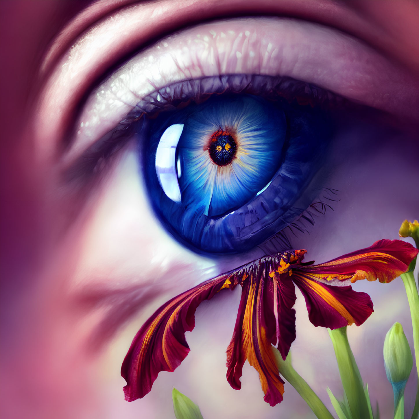 Detailed close-up of vibrant blue eye with red and yellow petal flower