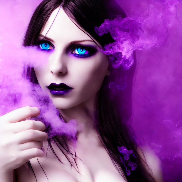 Woman with Blue Eyes and Black Lipstick in Purple Smoke