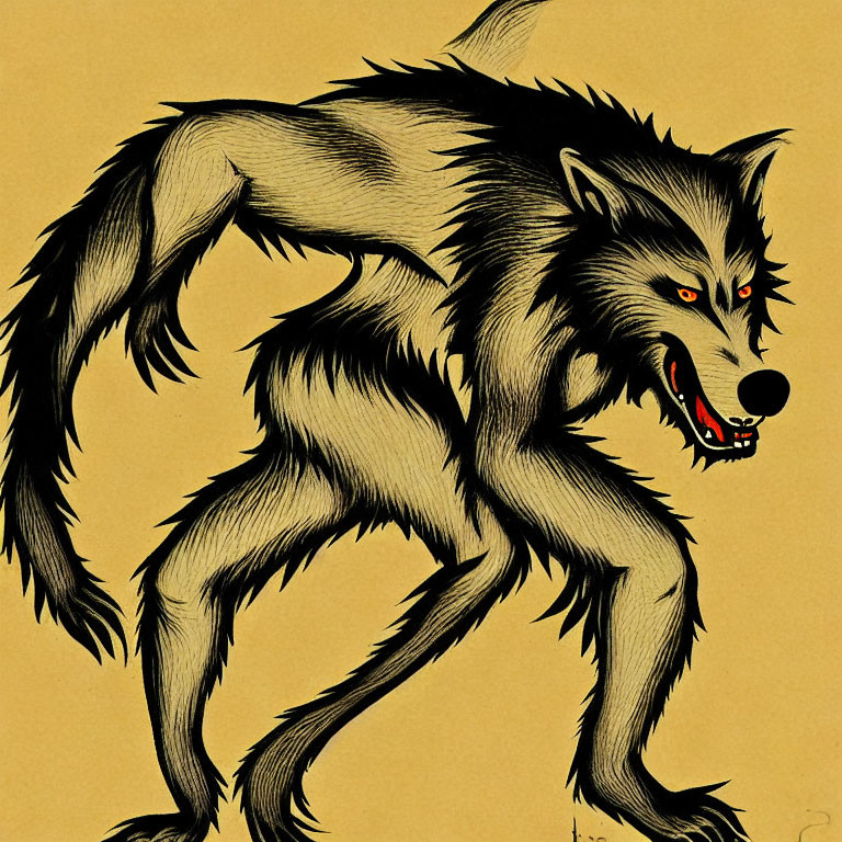 Sinister werewolf illustration: black fur, red eyes, sharp fangs on tan backdrop