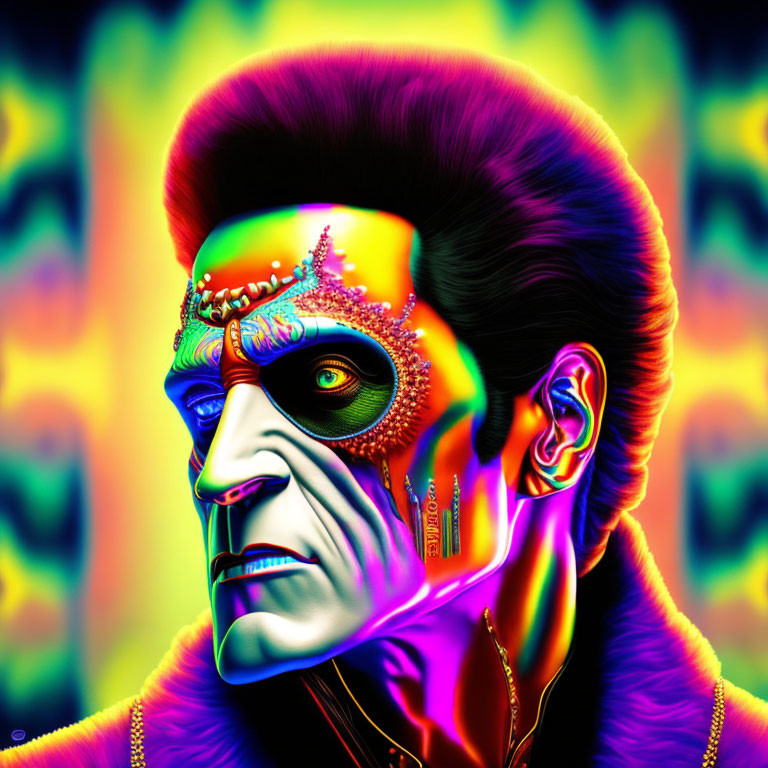 Colorful glowing skin male portrait with pompadour hairstyle in futuristic attire against abstract background