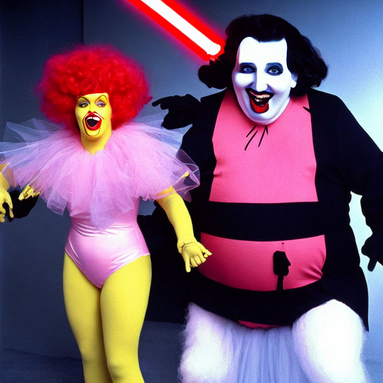 Colorful clown costumes holding hands with red lightsaber pose