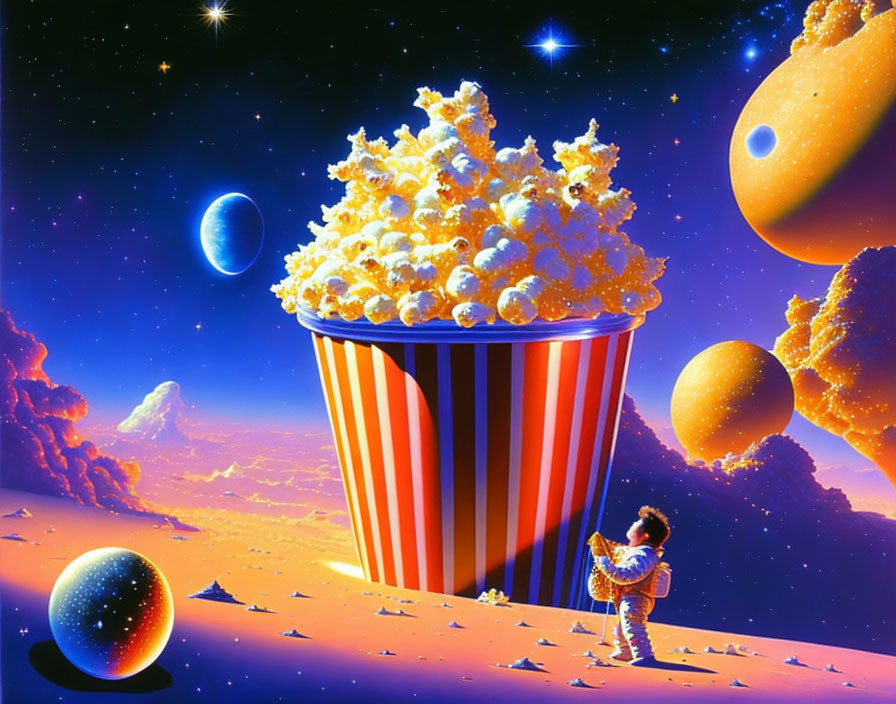 Child astronaut in surreal cosmic landscape with giant popcorn container