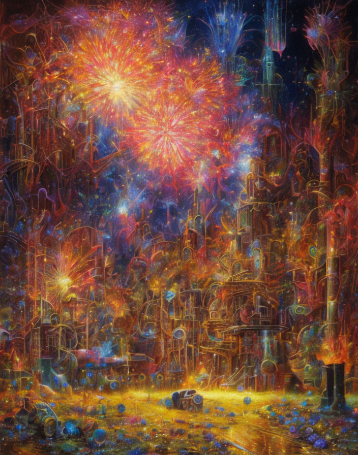 Futuristic cityscape with psychedelic fireworks and glowing streets