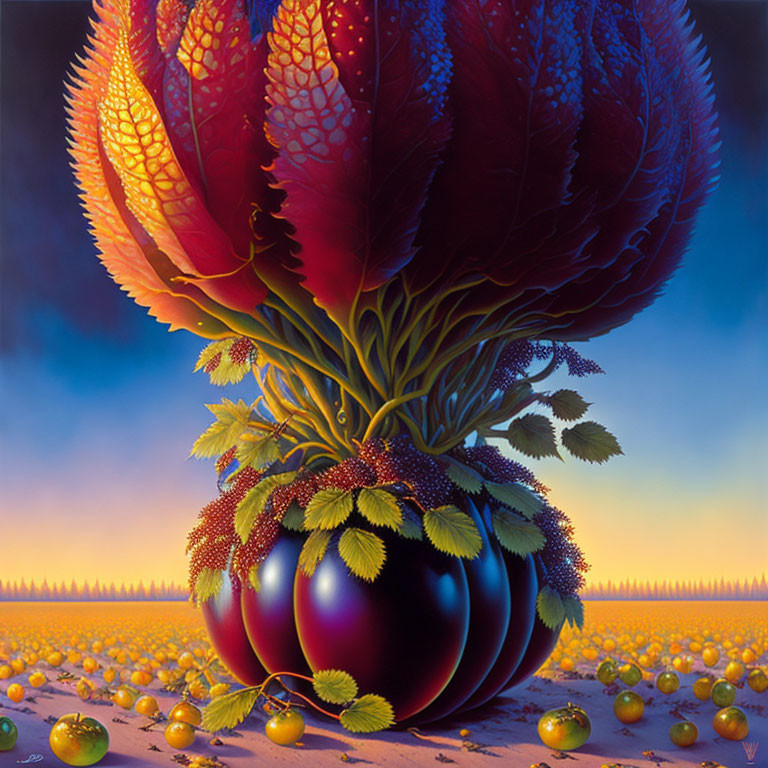 Surreal painting: Oversized fruits, red cabbage leaves, eggplants on field under gradient sky