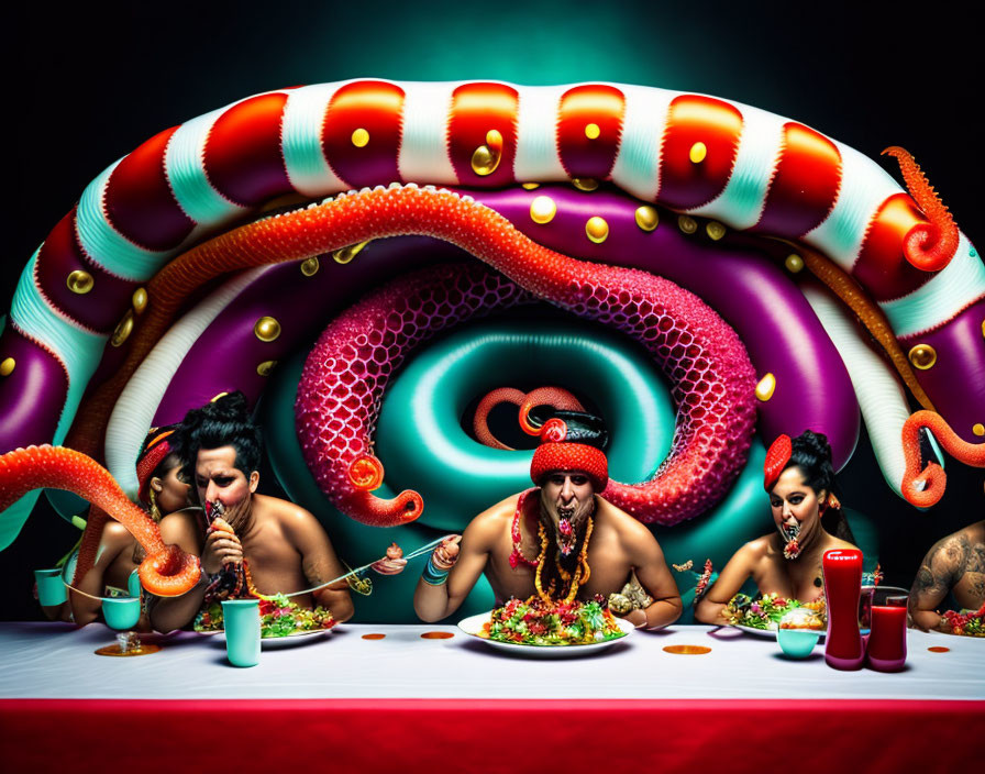 Colorful octopus-like creature behind three people eating noodles at a table on a red backdrop