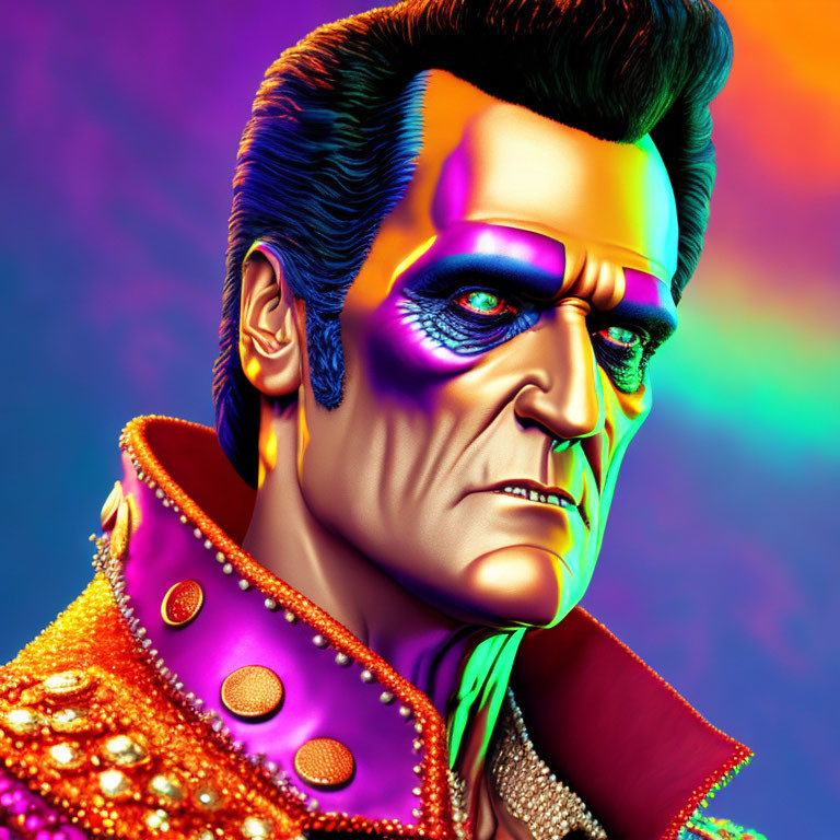 Colorful portrait of a stylized man in vibrant costume under neon lights