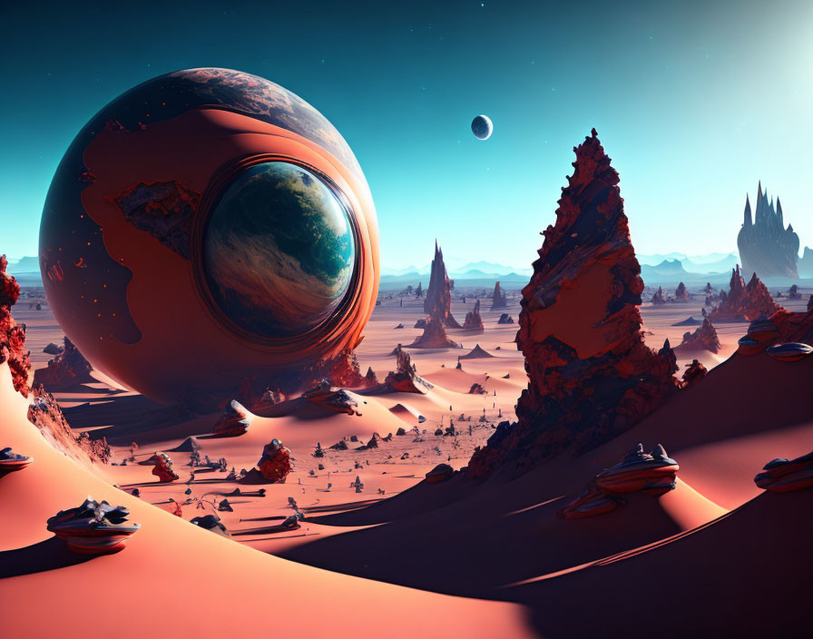 Surreal desert landscape with colossal rock formations and giant planets in the sky