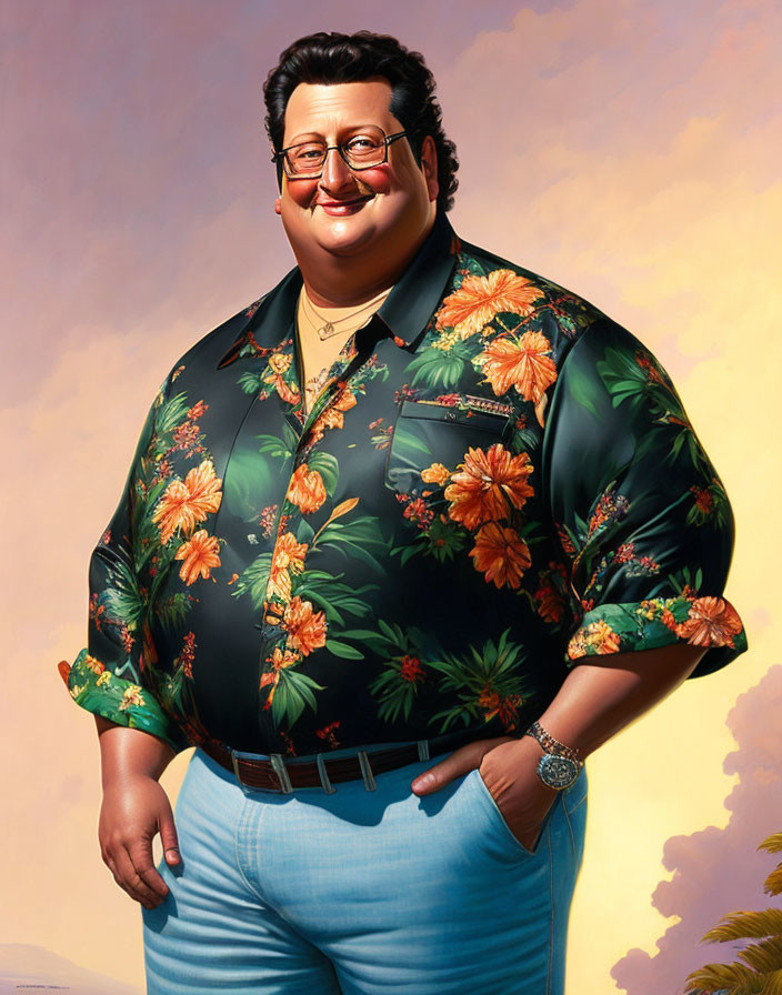 Cheerful man in floral shirt and glasses against cloudy backdrop