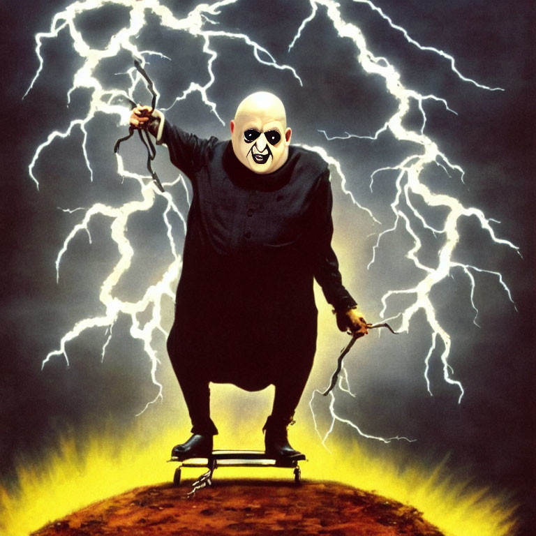 Person in black robe with white mask on skateboard with lightning background