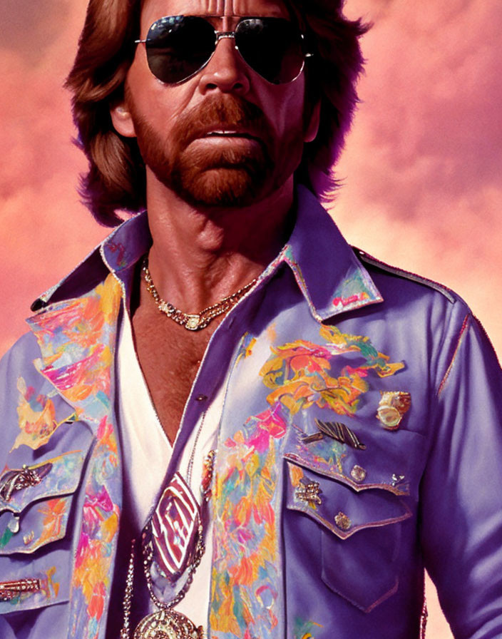 Bearded man in sunglasses and vibrant jacket on pink-clouded background