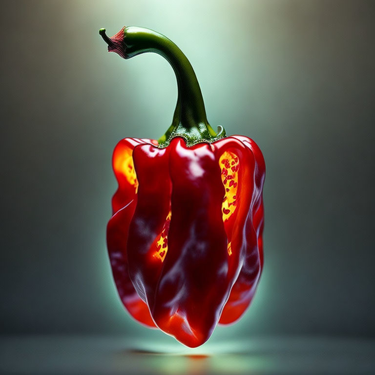 Bright Red Bell Pepper with Green Stem in Soft Backlight