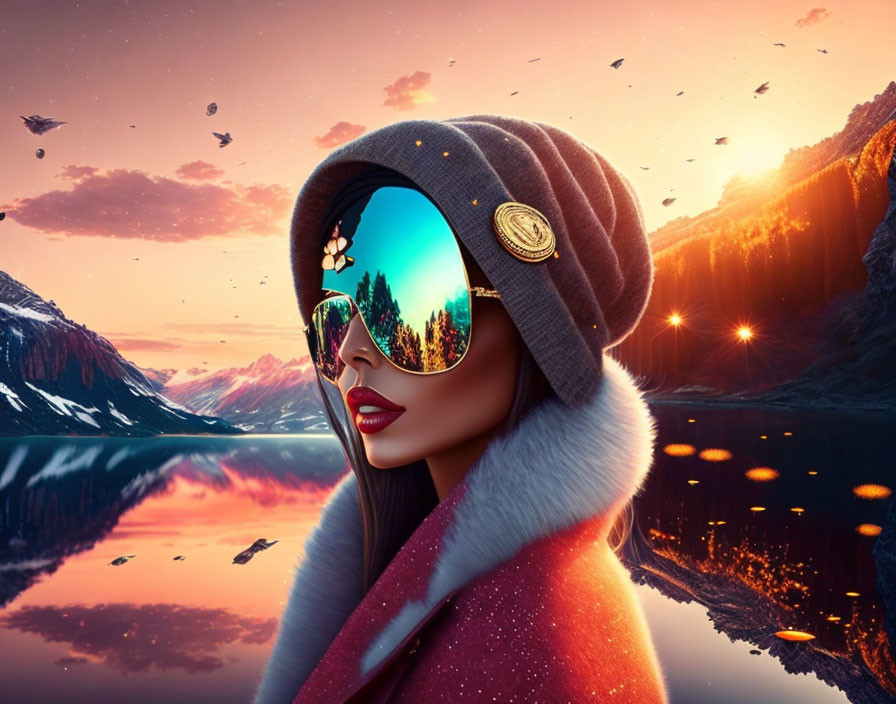 Colorful Stylized Woman in Beanie and Sunglasses Reflecting Mountain Sunset