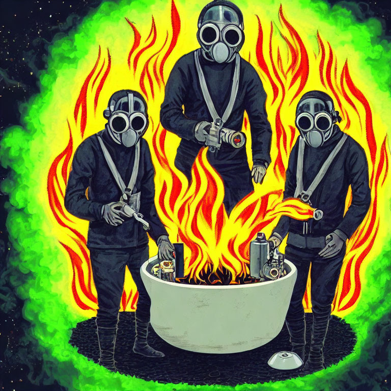 Three people in gas masks by fiery bathtub under starry sky