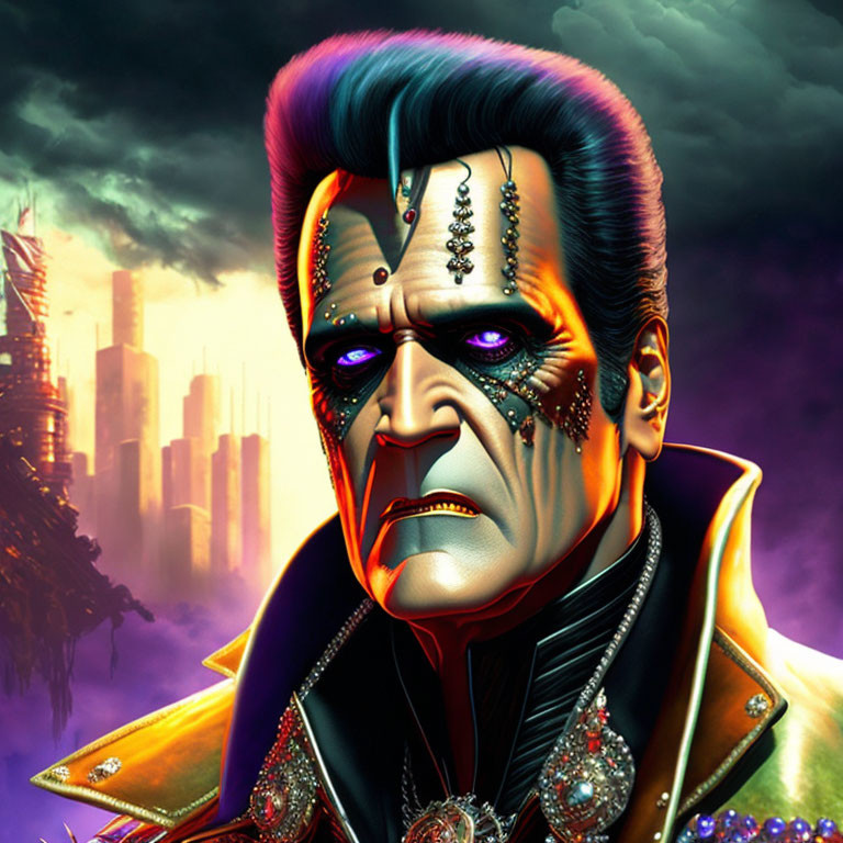 Cyborg portrait with pompadour hairstyle and bejeweled forehead in cityscape