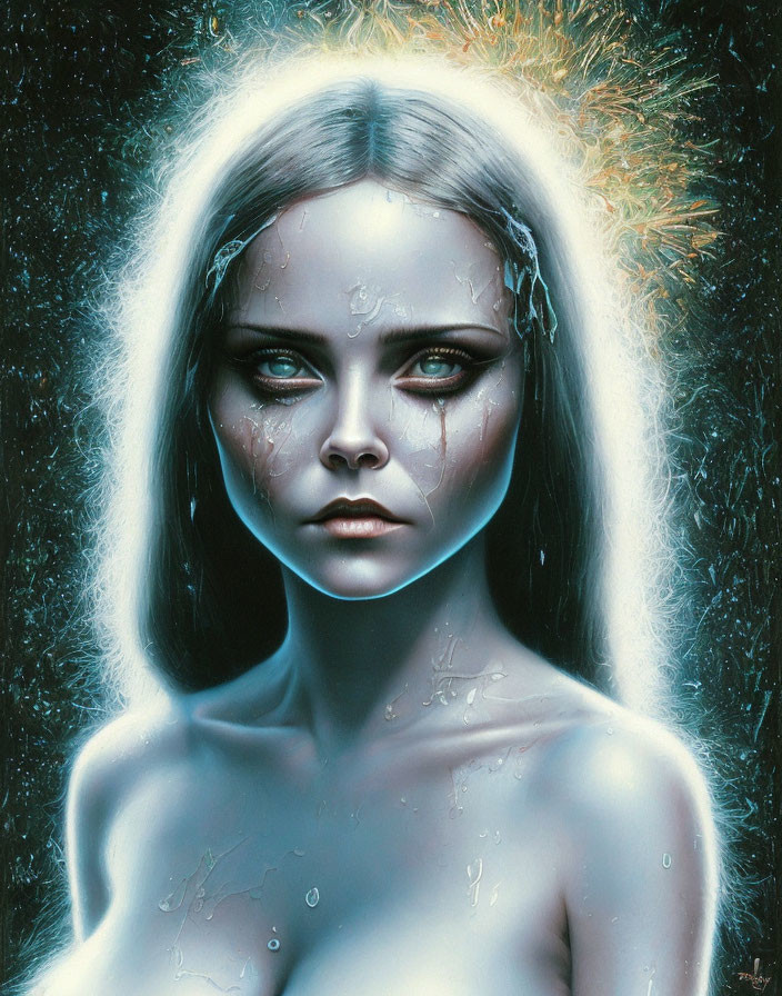 Digital painting features woman with glowing skin and frost-like patterns on dark backdrop