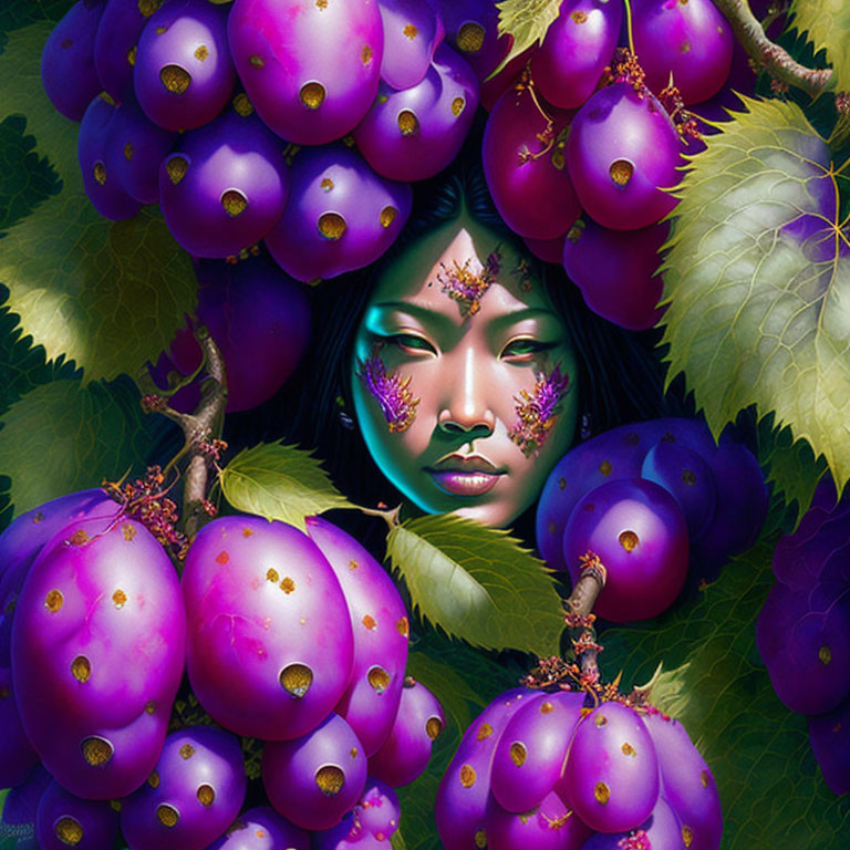 Surreal portrait of woman's face in vibrant purple grapes and green foliage