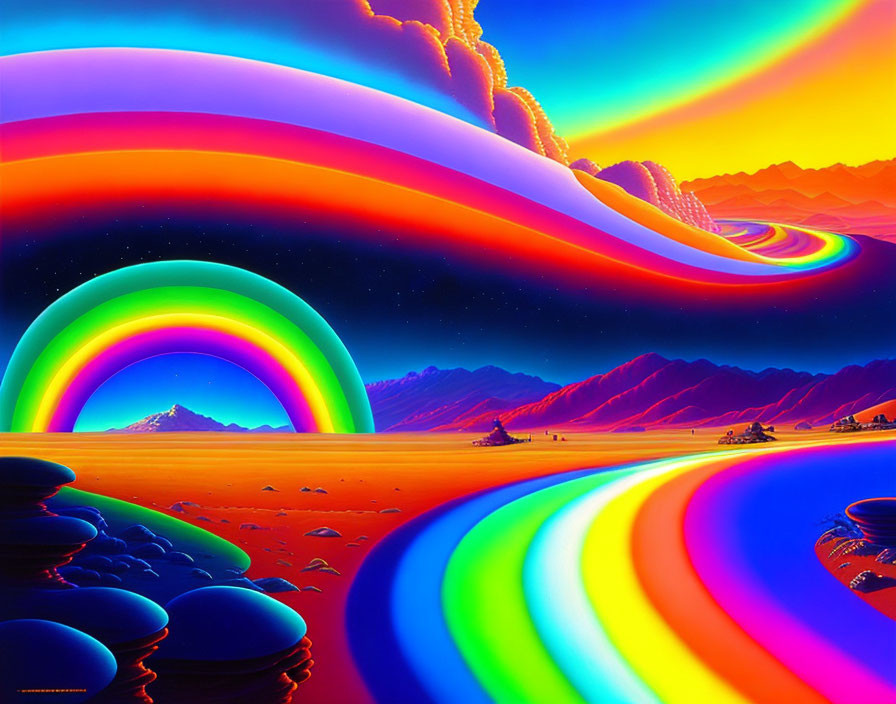 Colorful surreal landscape with rainbow sky and reflective rivers