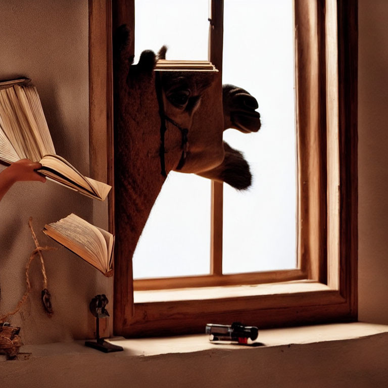 Camel's Head Peers Through Window Beside Stack of Books