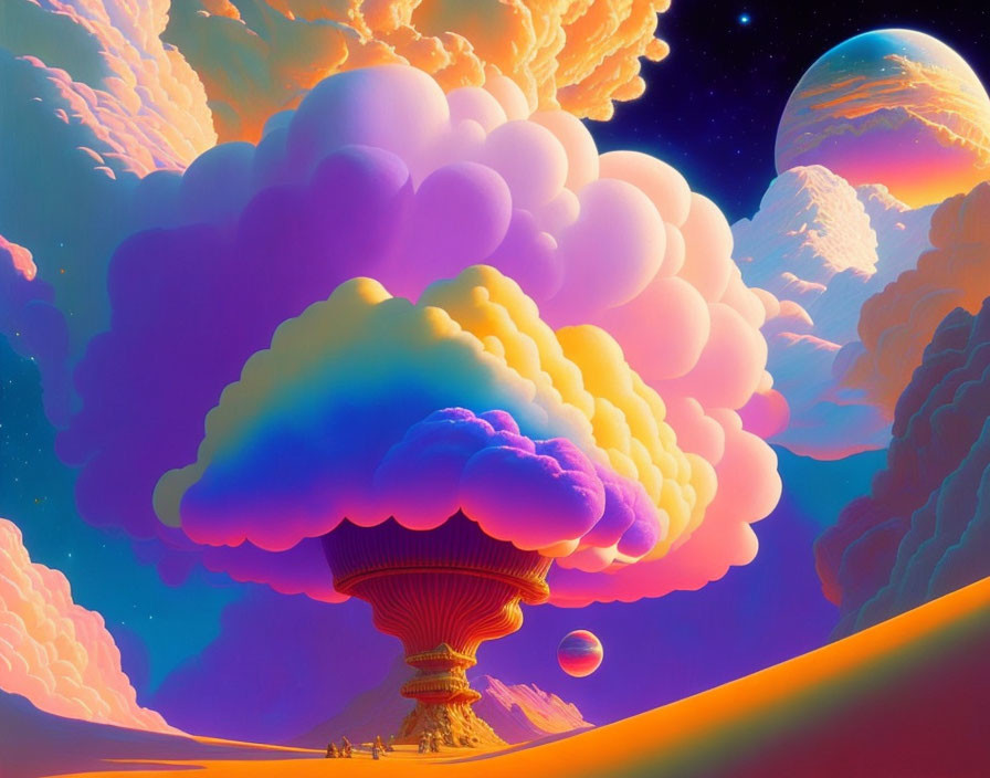 Colorful mushroom cloud and alien landscape with tiny figures & planets.