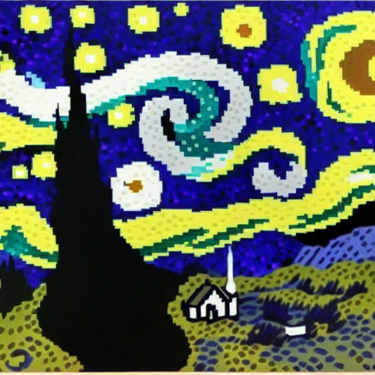 Pixelated version of swirling stars over quiet village with cypress tree