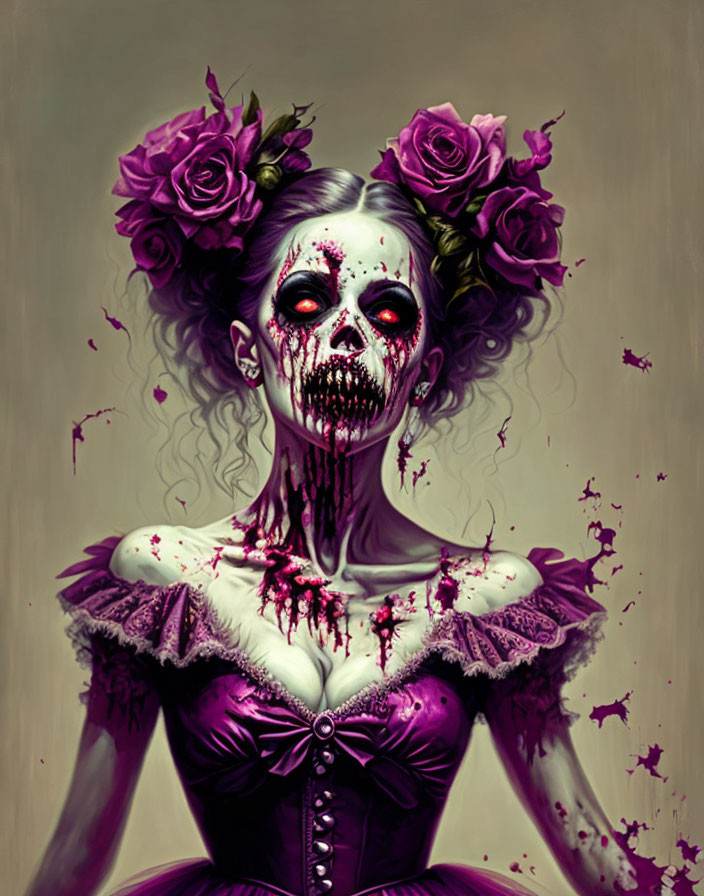 Illustration of figure with skeletal face, blood accents, purple outfit, roses in hair