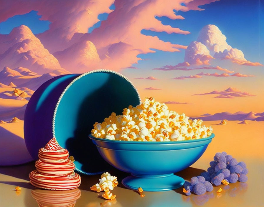 Surreal landscape with popcorn, pancakes, and blue fruits under pastel sky