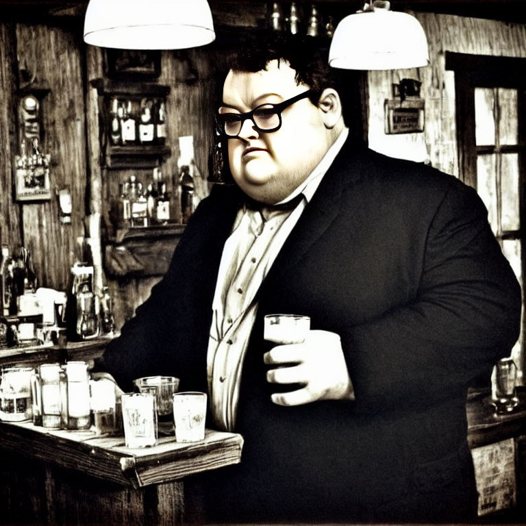 Person with glasses holding a mug behind a bar under warm lighting