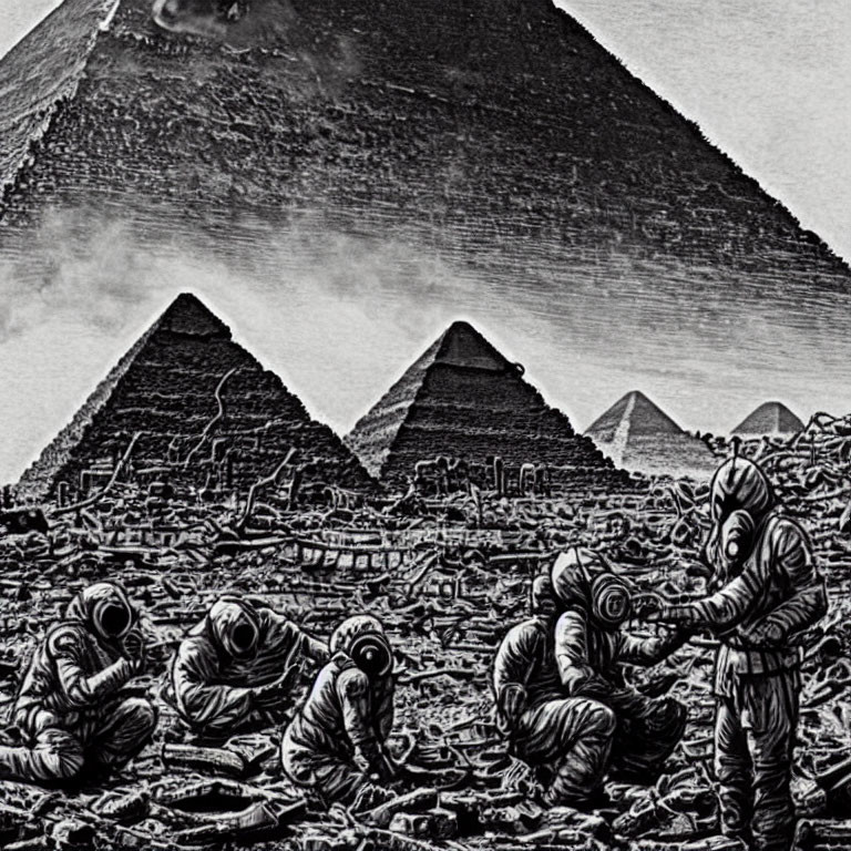 Stylized black and white image of astronauts with pyramids in background