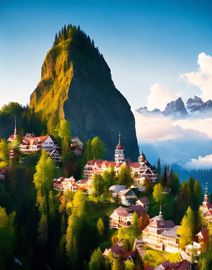 Scenic mountain village with chalet-style houses and lush greenery