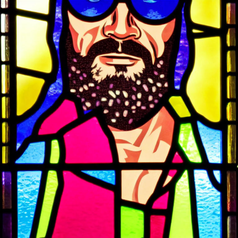 Colorful Stained Glass Portrait of Bearded Figure with Sunglasses