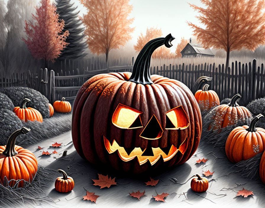 Glowing jack-o'-lantern with pumpkins in spooky autumn scene