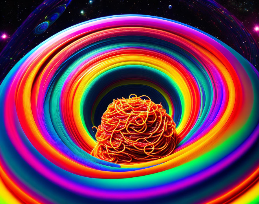 Neon-colored vortex around glowing sphere in space