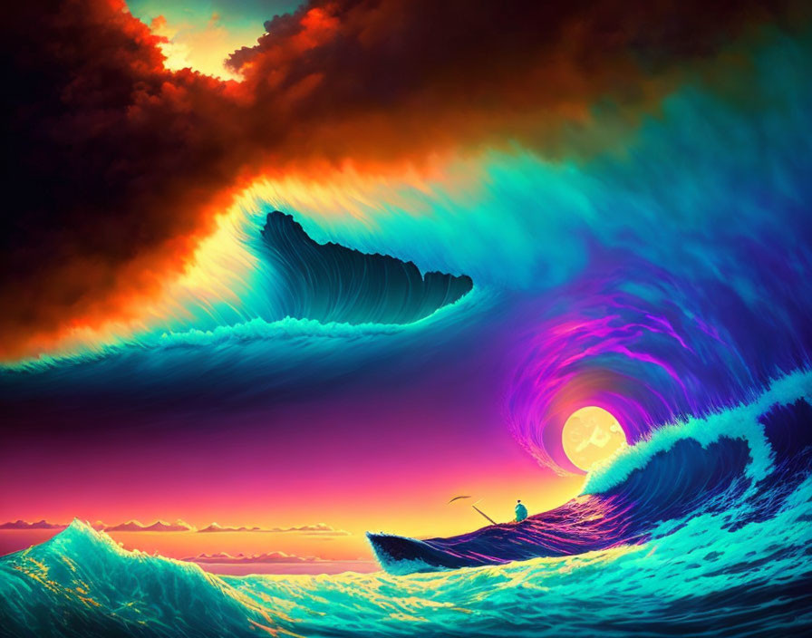 Colorful Digital Art: Surfer Riding Massive Wave at Sunset