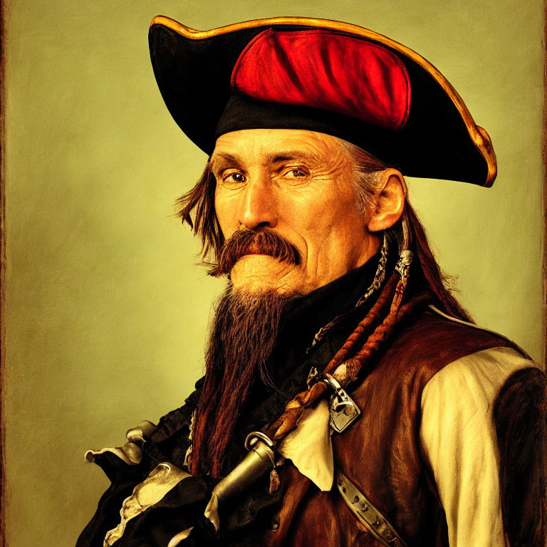 Portrait of man as pirate with red hat, mustache, beard, and pistol.