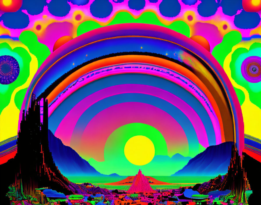 Colorful Psychedelic Landscape with Rainbow Arches and Alien Terrain