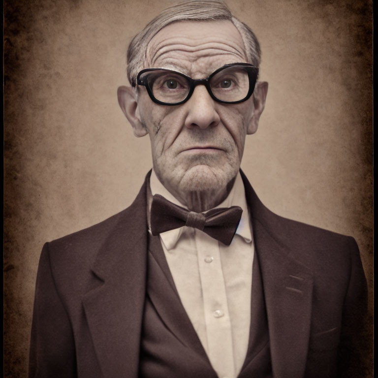 Elderly man with glasses and bow tie in dark jacket on sepia background