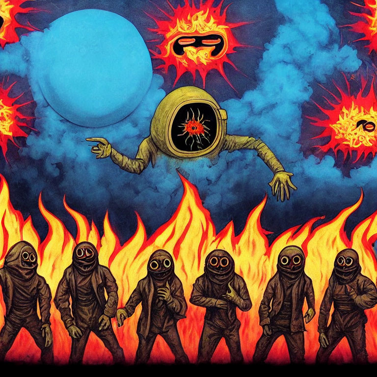 Surreal artwork with giant eye, diving helmet, astronauts, flames, blue sphere, and fiery