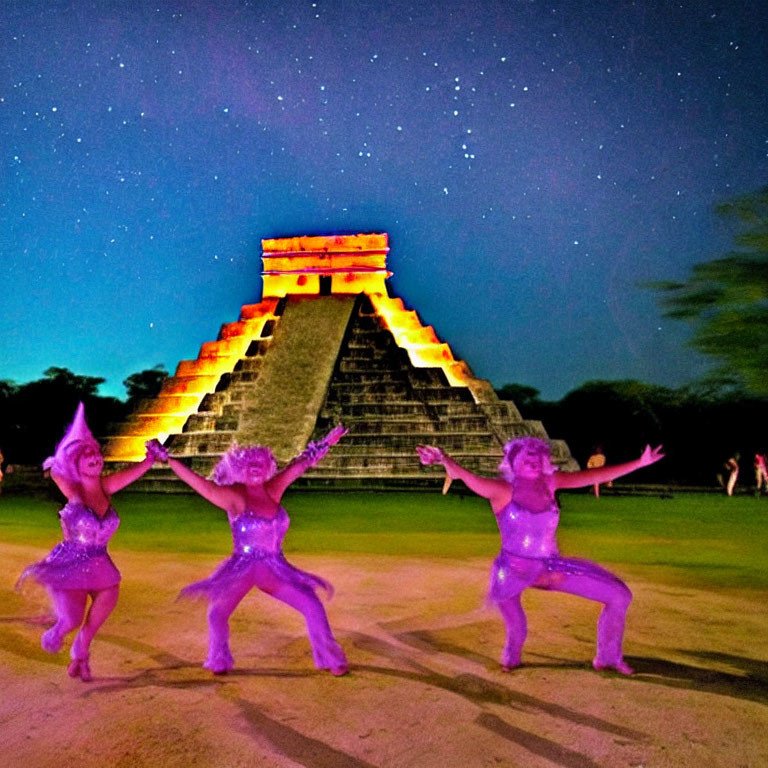 Three People Dancing in Sparkling Purple Outfits at Night by Illuminated Mayan Pyramid