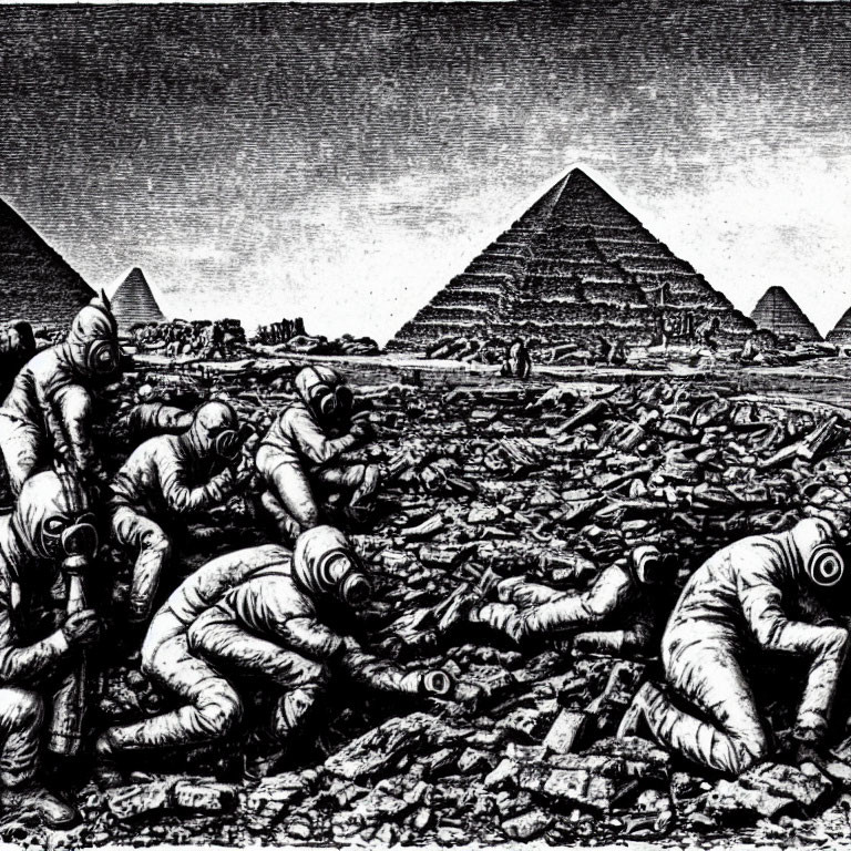 Monochrome illustration of astronauts exploring ruins near Egyptian pyramids