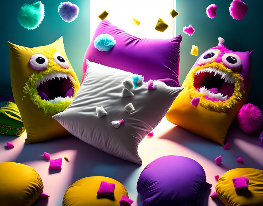 Vibrant cartoonish monster face pillows in whimsical setting