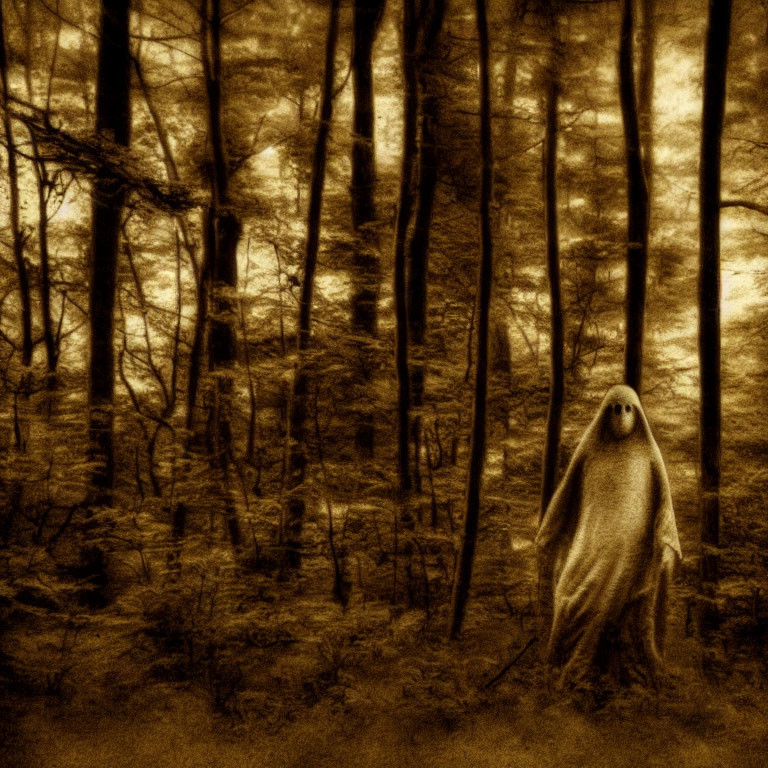 Sepia-Toned Image of Ghostly Figure in Haunting Forest