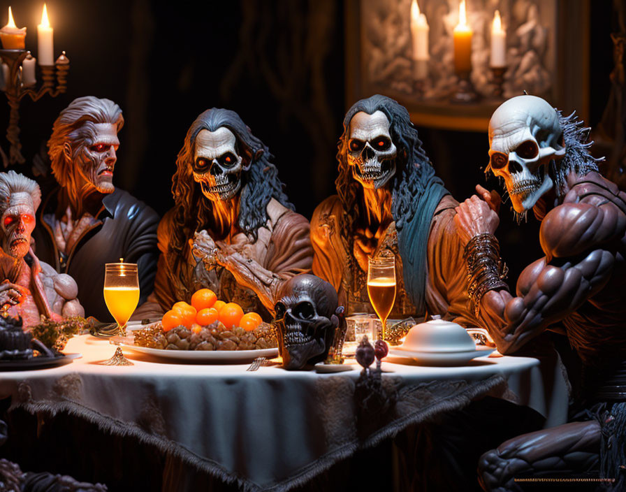 Detailed undead creature figures at dark banquet table with fruits and skull.