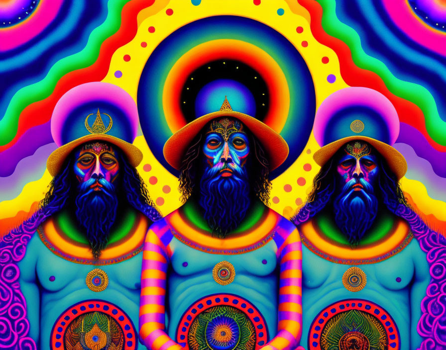 Colorful Psychedelic Artwork with Three Bearded Figures